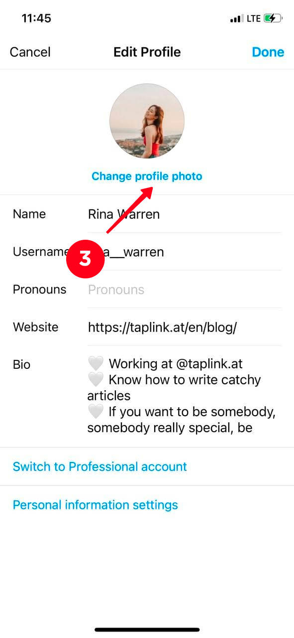 Choosing Change profile photo in the Instagram settings on an iPhone
