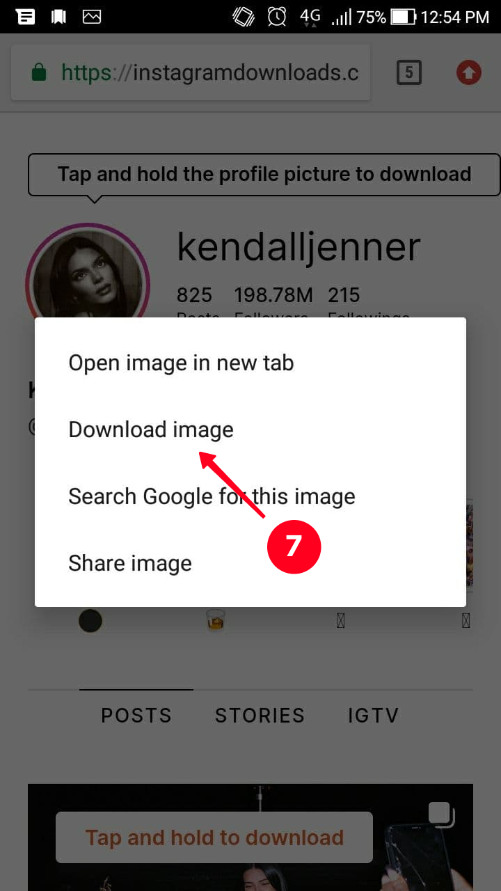 Downloading an Instagram profile picture on an Android-powered smartphone