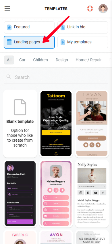 A Landing page tab highlighted in the Taplink’s landing page template library