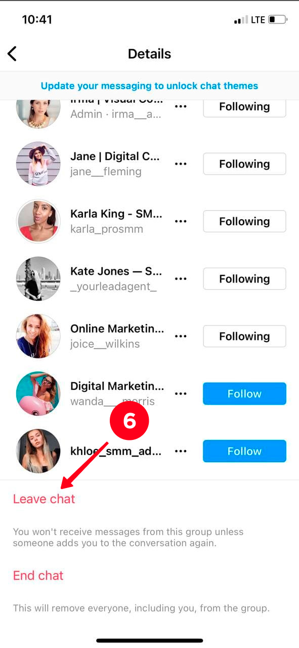 Tapping Leave chat under a list of the Instagram group members