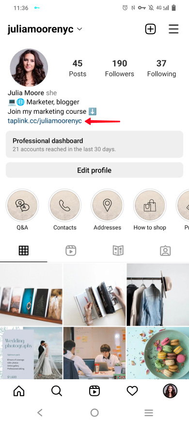 Highlighted Taplink page link in an Instagram bio