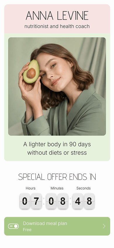 Top of a nutritionist’s Lnk.Bio-style Taplink page with pastel pink and green sections