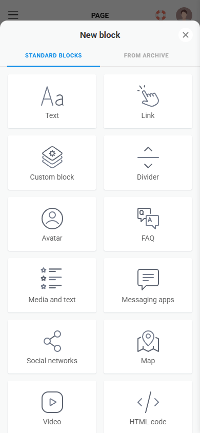 Top of the content blocks available in the Taplink link in bio tool