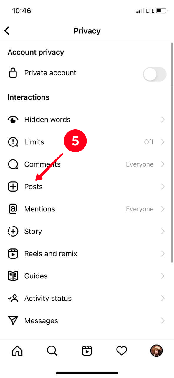 Choosing Post in the Privacy settings on Instagram