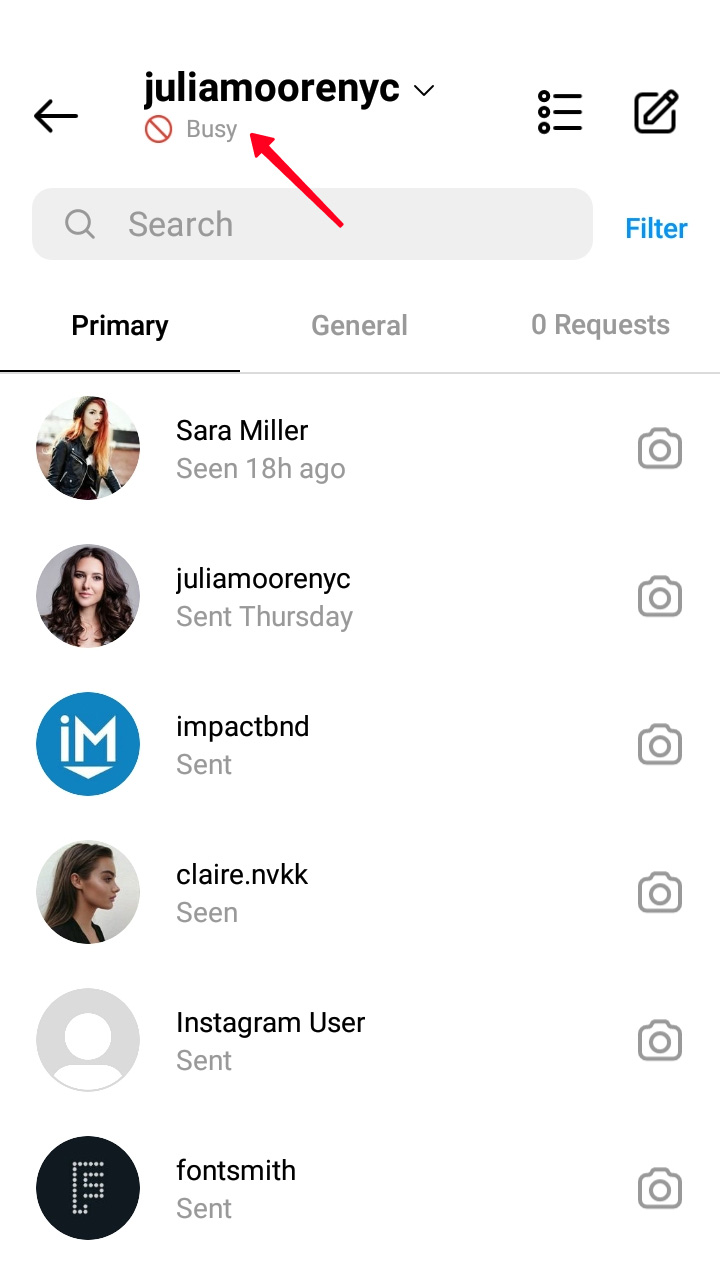 Highlighted Busy status in the Instagram Direct Messages