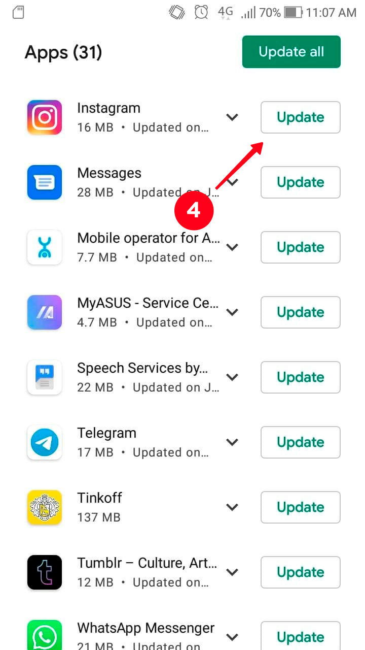 Tapping Update next to Instagram in the Android settings