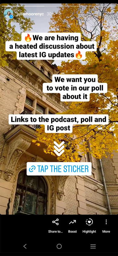 Taplink page link posted to Instagram Stories