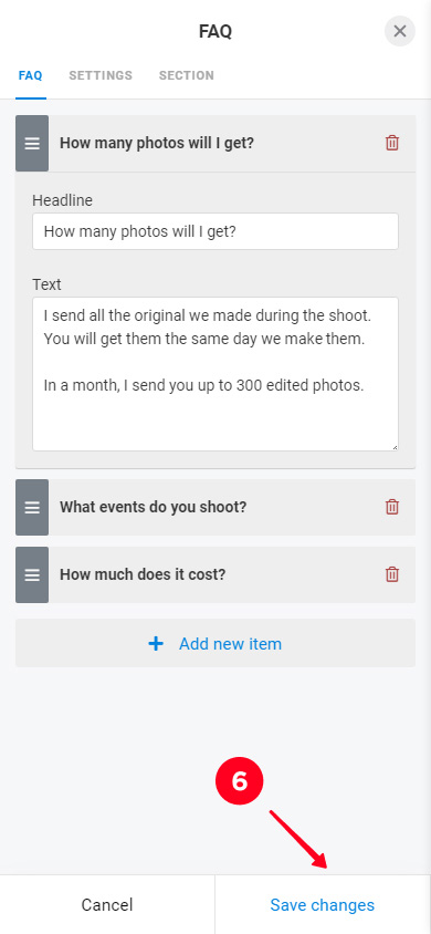 Salvataggio delle modifiche al blocco FAQ nell'editor di pagina Taplink
