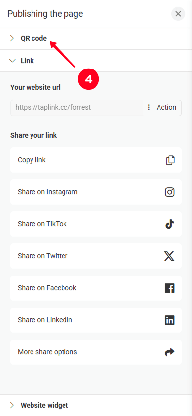 Selecting the QR code tab in the page publishing window