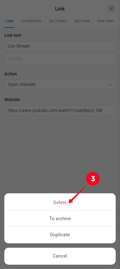 Choosing Delete on the list of the action options
