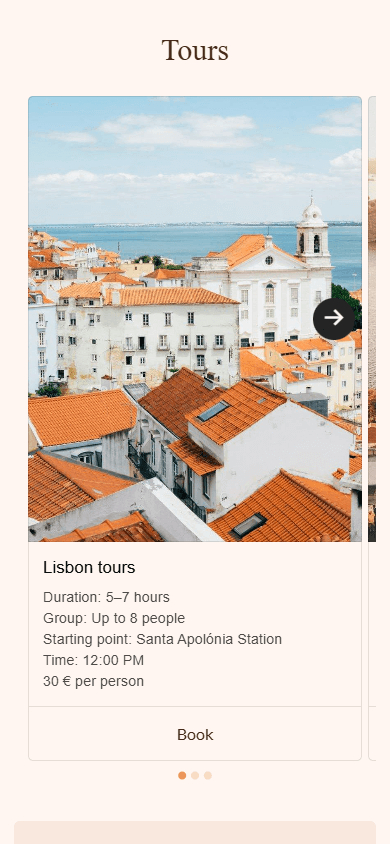 Taplink landing page with a headline, an image, text, and a booking button