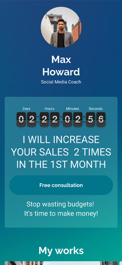 Taplink page with a timer, offer description, and a consultation button made for an SMM coach