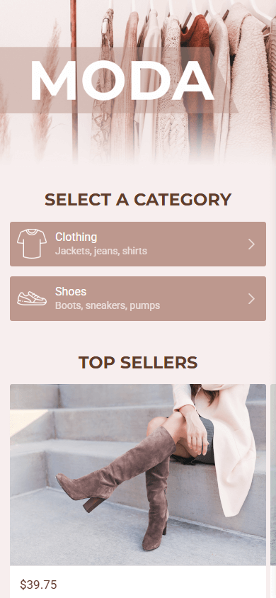 A clothing and footwear store landing page created with Taplink as an Instapage alternative