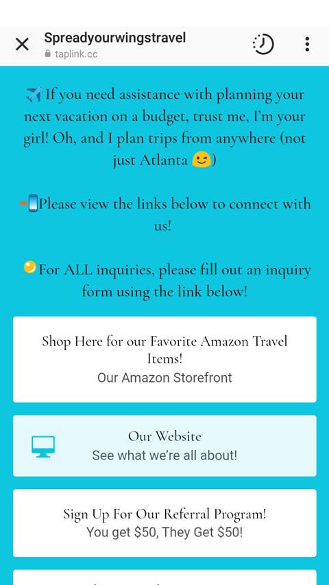 Descrizione di un marchio di viaggi e un elenco di link su una pagina Taplink