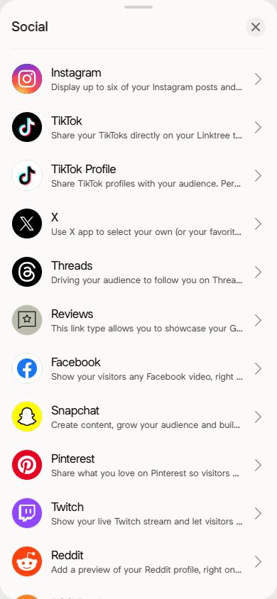 Social media content blocks available in Linktree