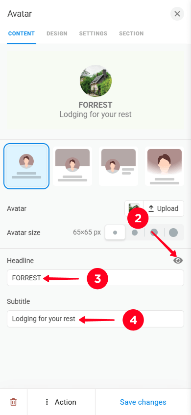 Tapping a hide icon, inputting a page headline and subtitle in the profile image settings