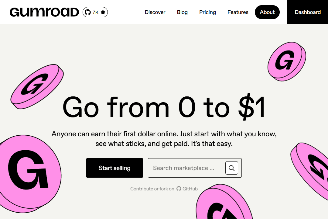 A home page of the Gumroad website