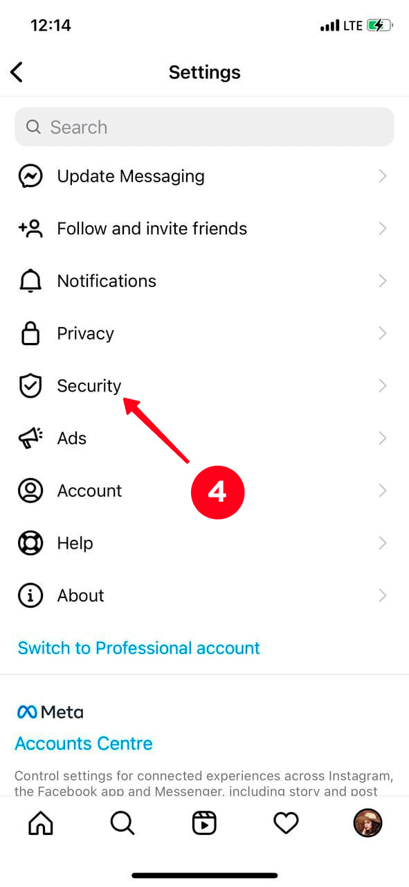 Choosing Security in the Instagram app settings