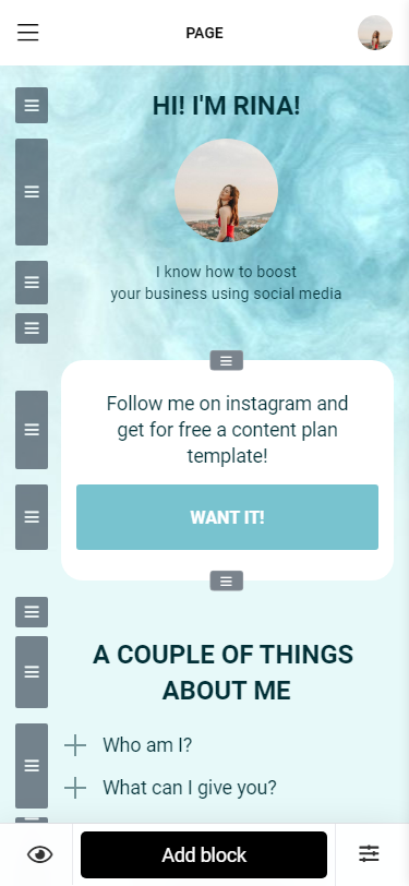 Taplink page with an updated profile picture in the editor