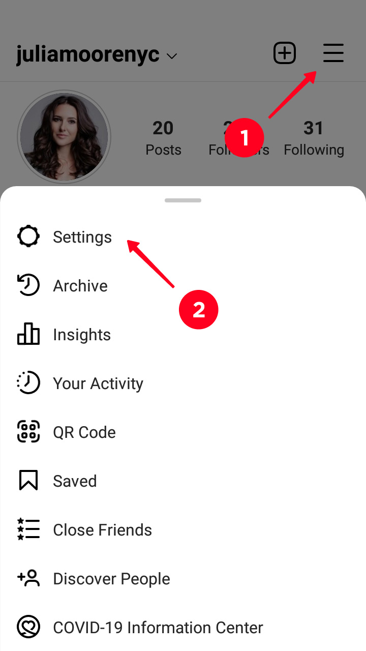 Tapping the hamburger menu and choosing Settings in the Instagram app