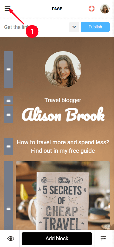 Tapping the hamburger menu in the Taplink website editor