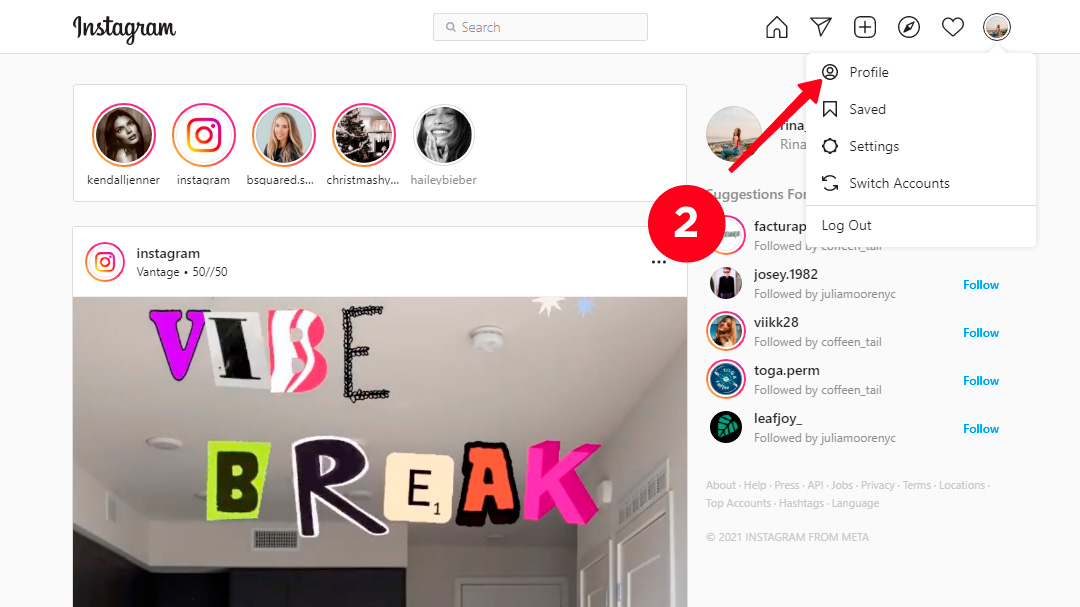 Choosing Profile in the Instagram menu in the computer browser