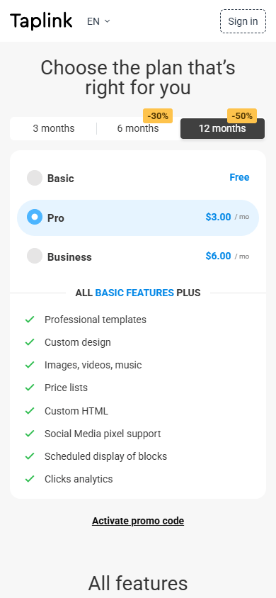 Taplink’s Pro pricing plan, showing its cost, and features