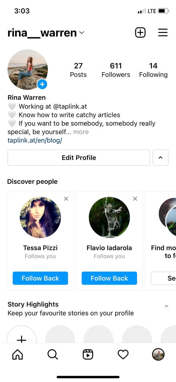 User’s Instagram page with a full-length portrait uploaded as the profile picture