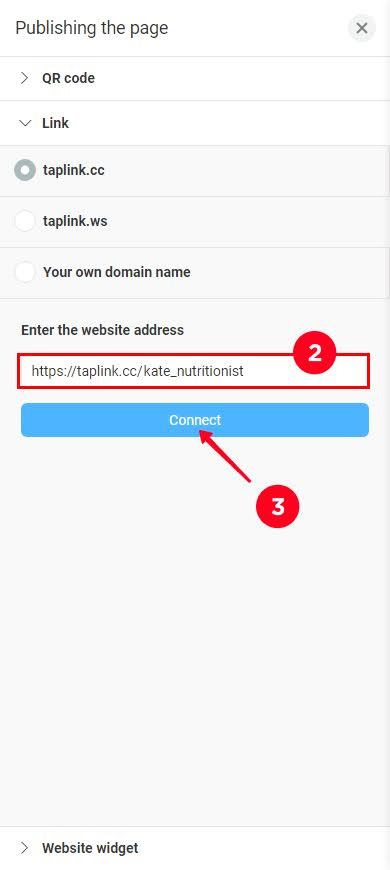 Writing the unique part of the page URL and tapping the Connect button