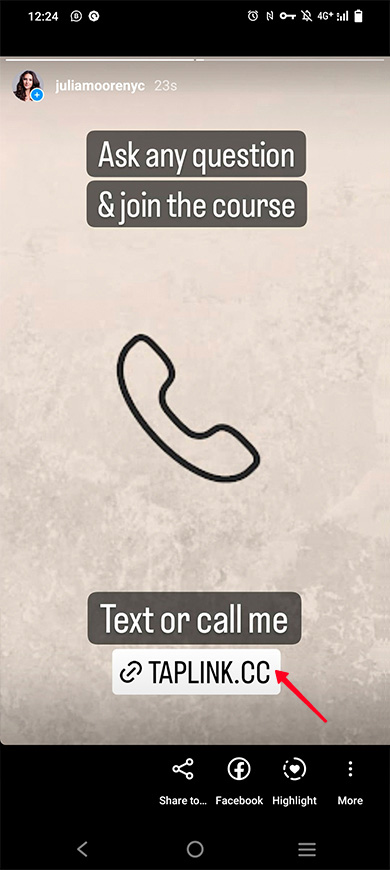 Highlighted Link sticker in a posted Instagram story inviting to text or call
