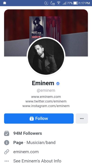 Eminem's Facebook profile which makes him a mega-influencer