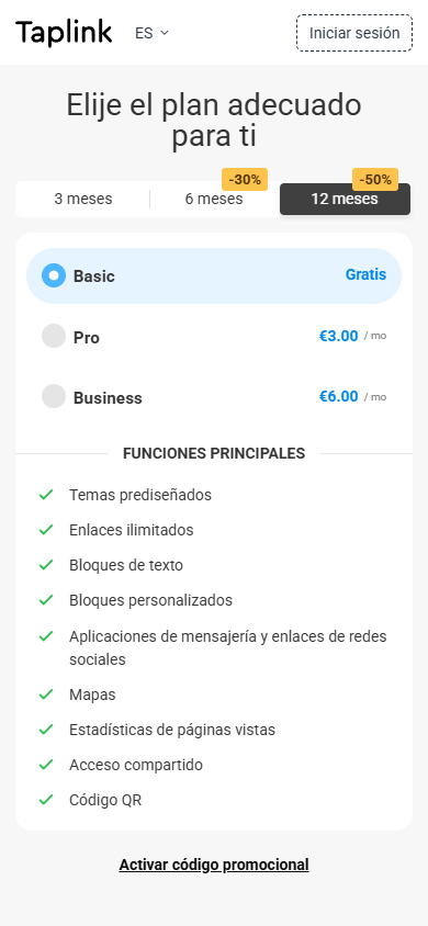 Plan de precios para crear una página de Linktree gratis