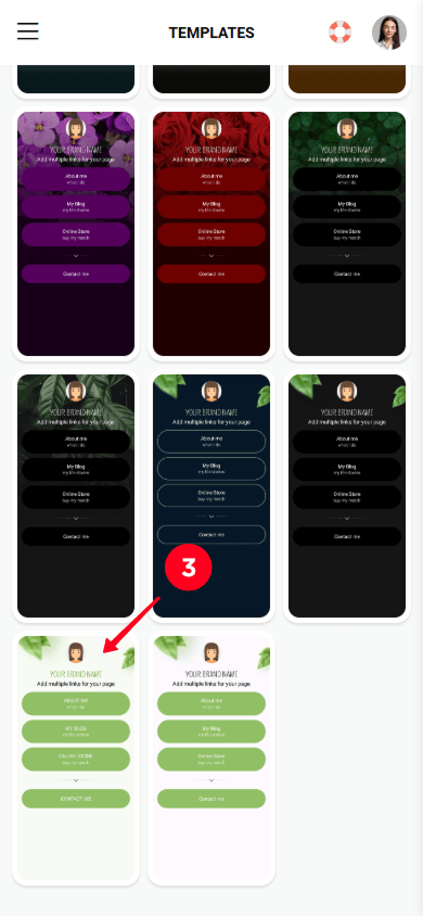 Selecting a template from the Taplink template library