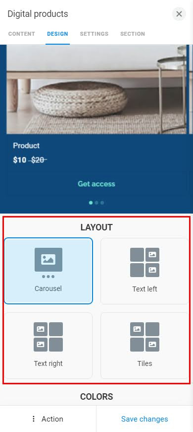 Highlighted layout options in the Digital product settings