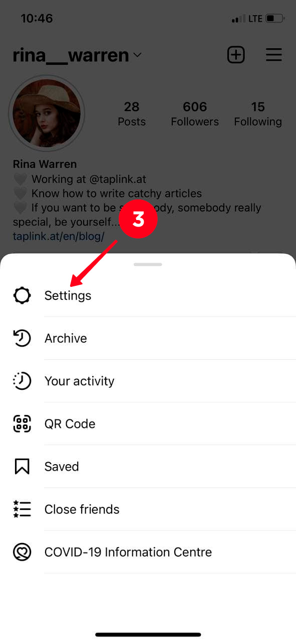 Choosing Settings on the list of options in the Instagram app