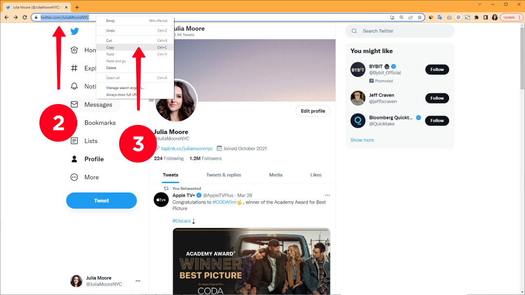 Copying a Twitter profile link in the desktop browser