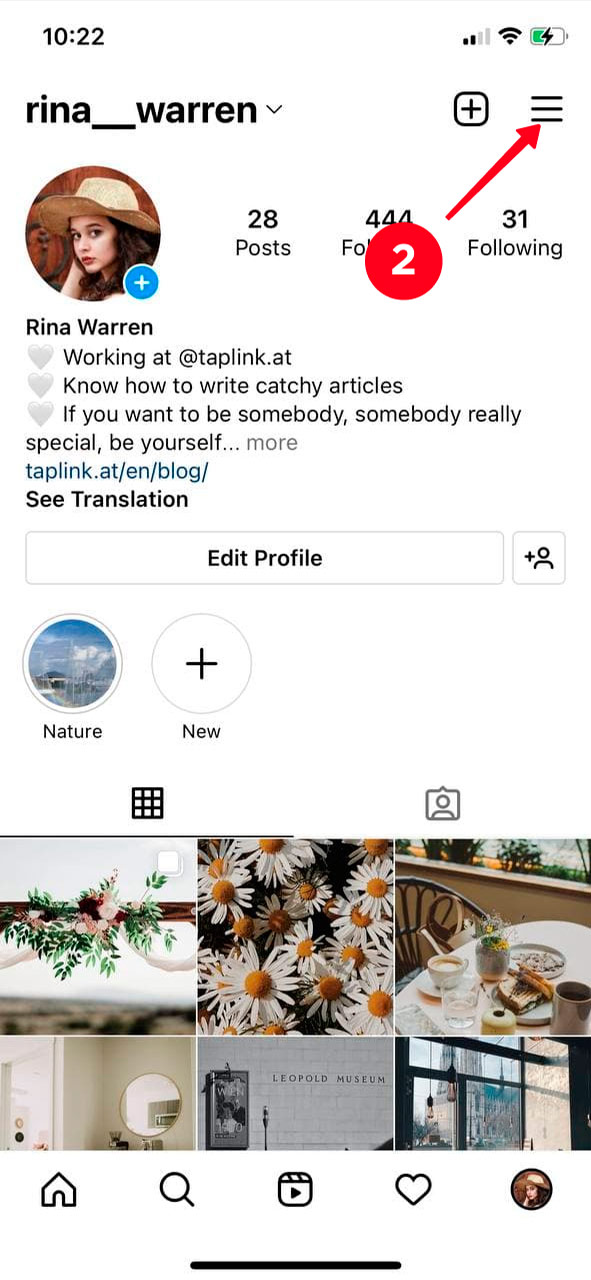Tapping the three bars in the Instagram profile tab