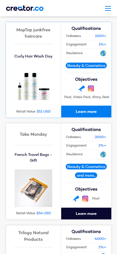 List of collaboration offers for Instagram bloggers on Creator.co