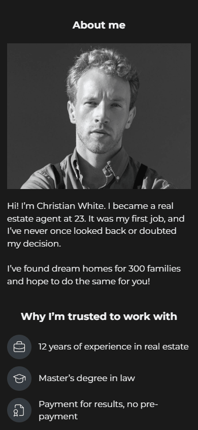 Middle of the realtor’s electronic business card built with Taplink