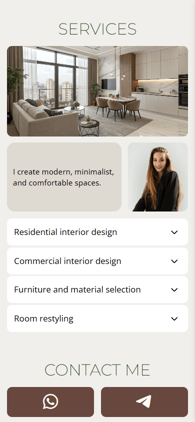 Expandable service menu created with Taplink’s FAQ block on an interior designer’s page