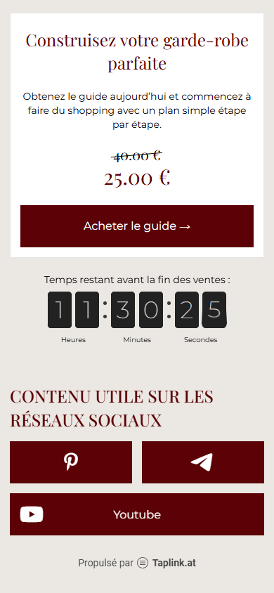 Partie inférieure de l’exemple de page de link in bio d’un créateur de guide