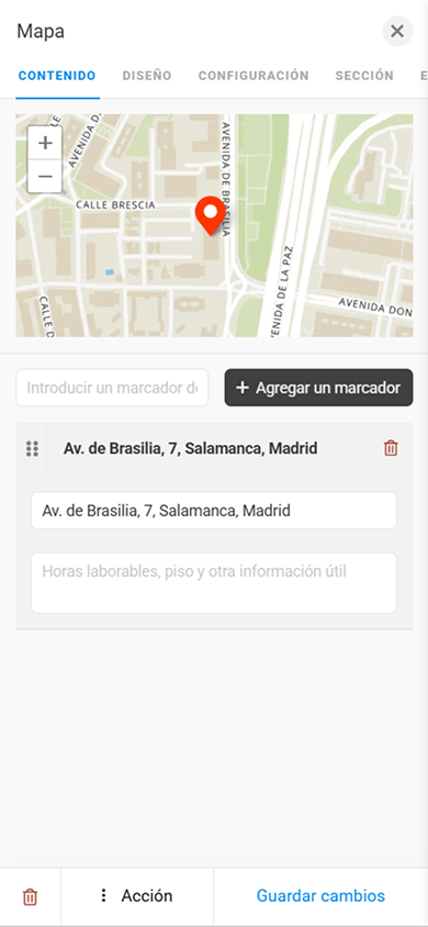 Página de personalización del contenido del bloque Mapa en Taplink