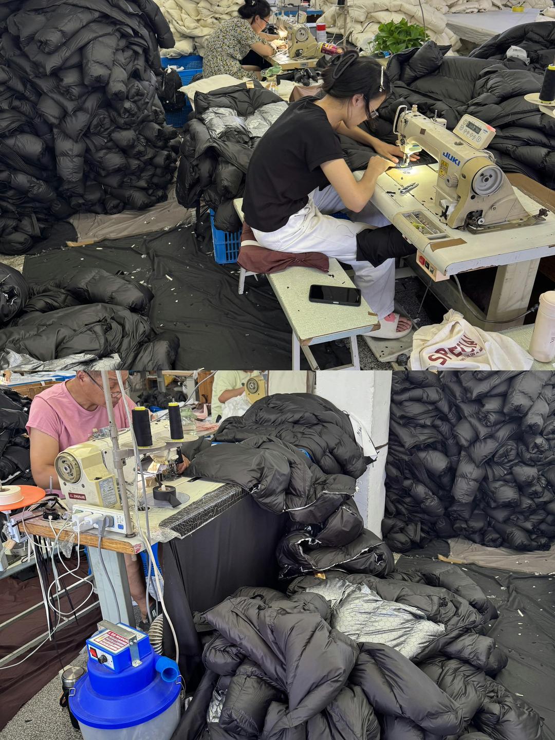 Factory workers sewing down jackets