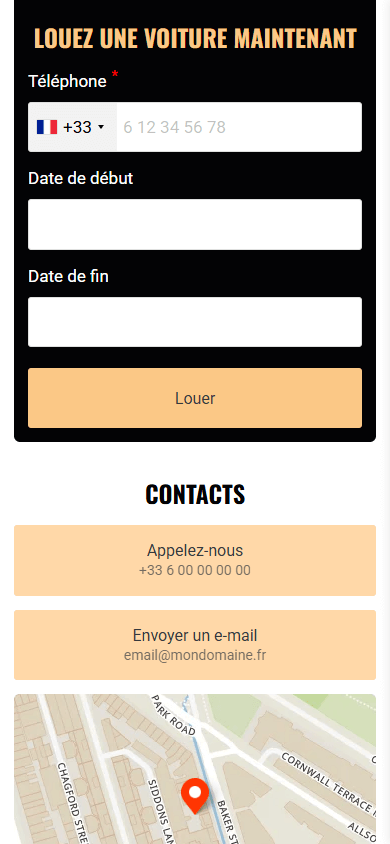 Le bas de l’exemple de page Linktree pour une activité automobile