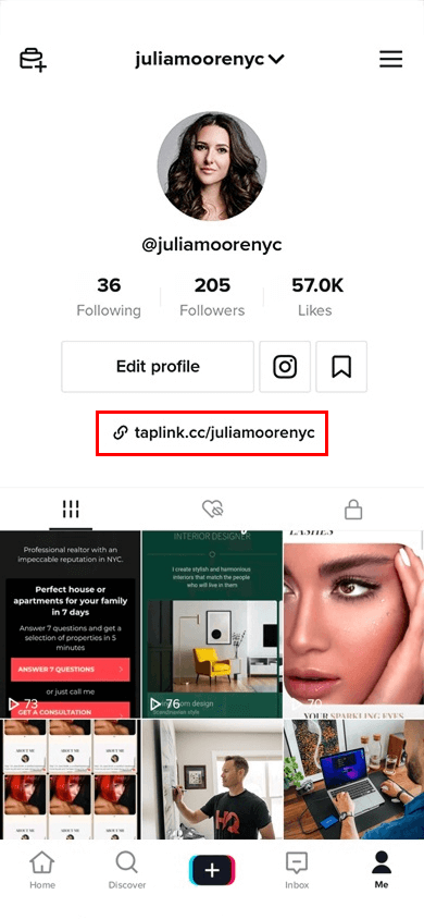 An Amazon affiliate TikTok profile with the Taplink page link highlighted