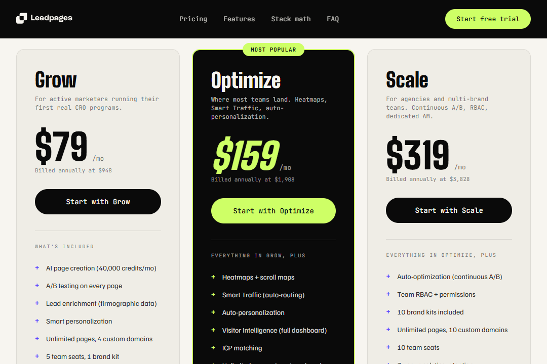 Three pricing plans of the Leadpages landing page builder