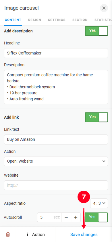 Tapping the Save changes button in Image carousel settings in Taplink