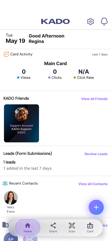 Account dashboard in the Kado digital business card maker