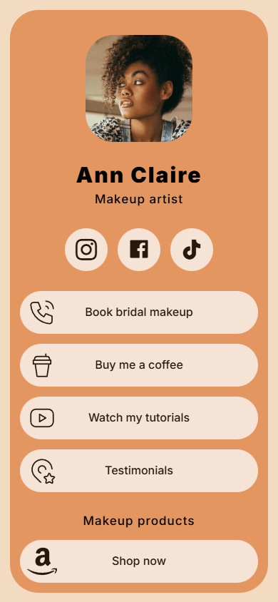 A link tree of a TikTok influencer featuring a profile image, headings, links, and social media buttons