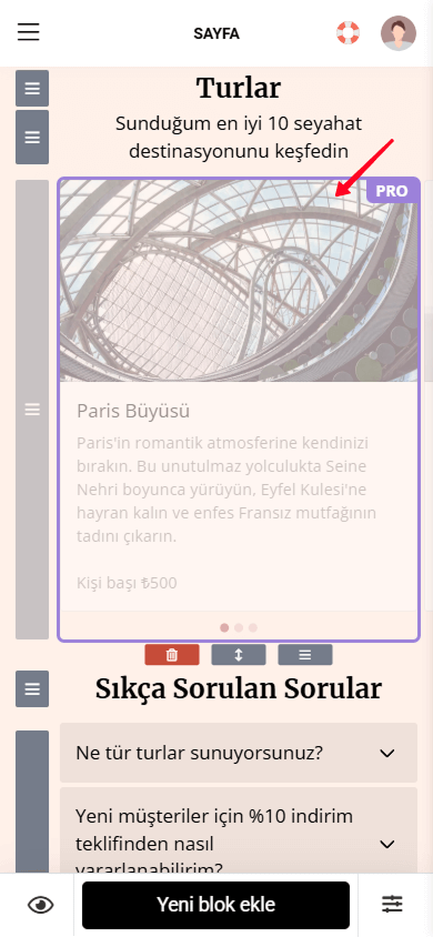 Taplink sayfa düzenleyicisinde Pro etiketiyle vurgulanmış bir Görsel vitrin bloğu